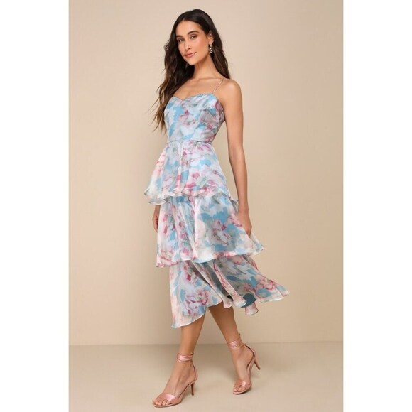 Lulus Darling Aesthetic Light Blue Floral Print Tiered Midi Dress - Size XL - Picture 1 of 2